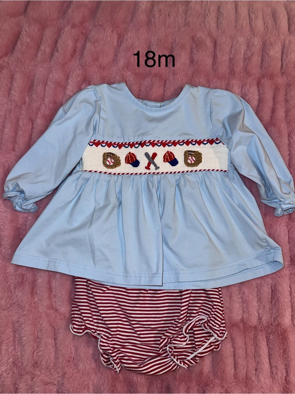 Light Blue Smocked Baseball-Themed Baby Pajama Top and Striped Bloomers